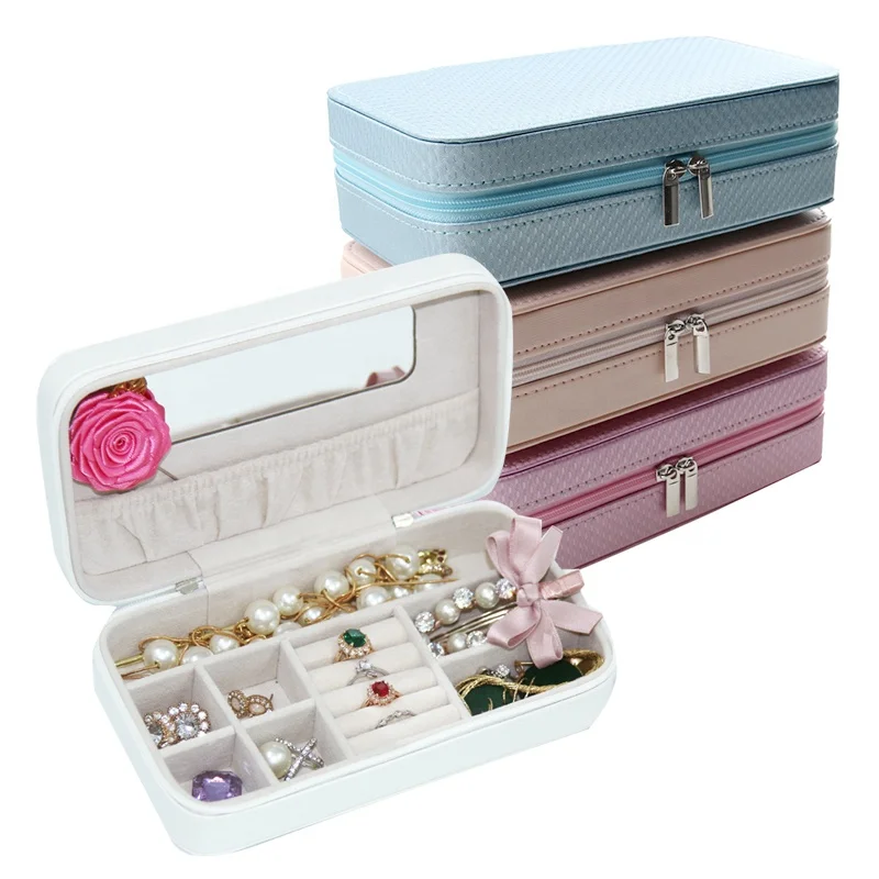 

BMD PU17004 Custom Jewelry Storage Box Travel Jewellery Box with zipper, Purple, pink, white, blue, brown