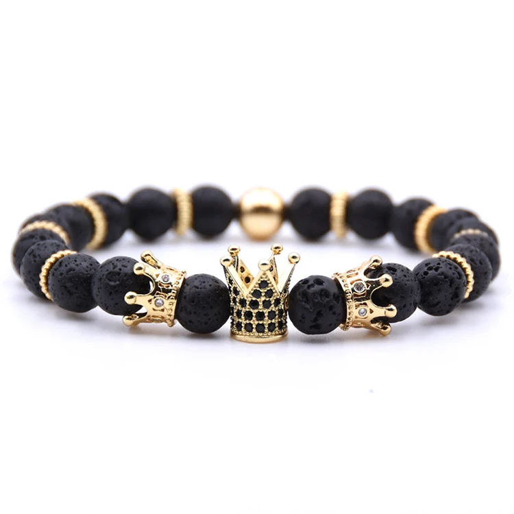 

handmade zircon king crown charm bracelets for women natural stone beads bracelet men jewelry (KB8041), As picture