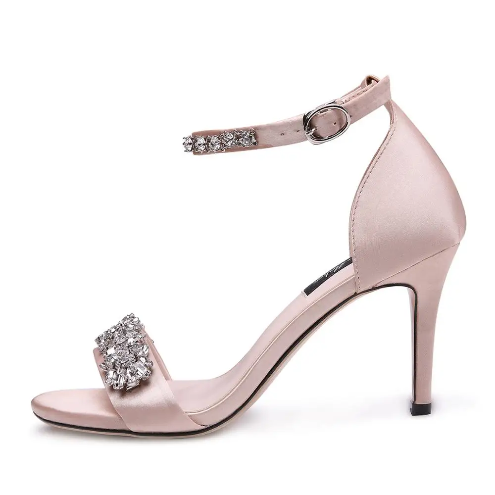 

Open toe crystal stone strap middle height heel bridal sandals party shoes, Beige