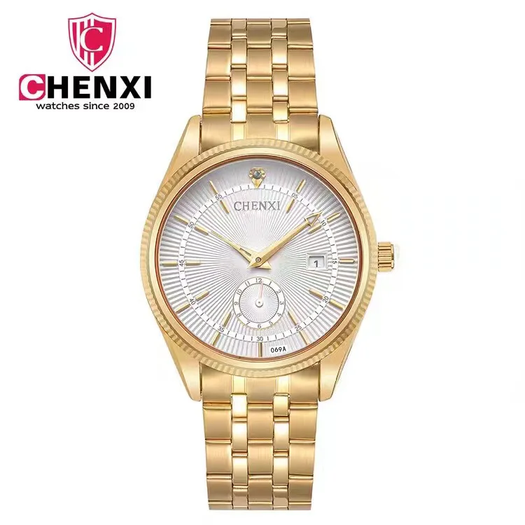 

CHENXI 069A Rich Gold Watch Bands Chronograph Date Running Stainless Steel Men Cheap Wrist Watches, 3 color for you choose