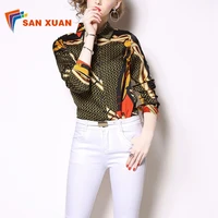 

High quality autumn new wholesale in stock fashion graceful printed turn down collar long sleeve woman fashion shirt blouses