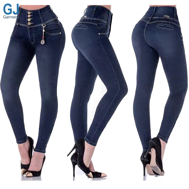 

Brazilian High Rise Ladies Button Stretch Butt Lift Colombian Colombianos Push Up Women Skinny Pantalon Jeans Para Mujer, Blue