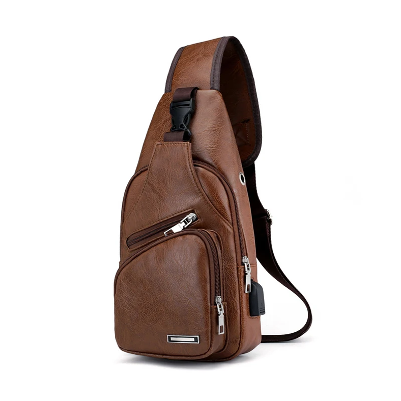 

New Men's Crossbody Bags Male USB Chest Bag PU Leather Shoulder Bags Diagonal Package Back Pack Travel