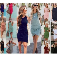 

2019 Ladies dress summer 14 color 5 yards sexy round neck bag hip irregular short-sleeved women's dress