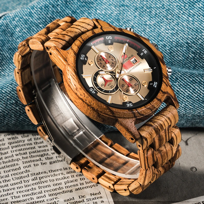 

Totally natural wooden men watch fashion design sport quartz watch three eyes six needles cool apparence gift watches