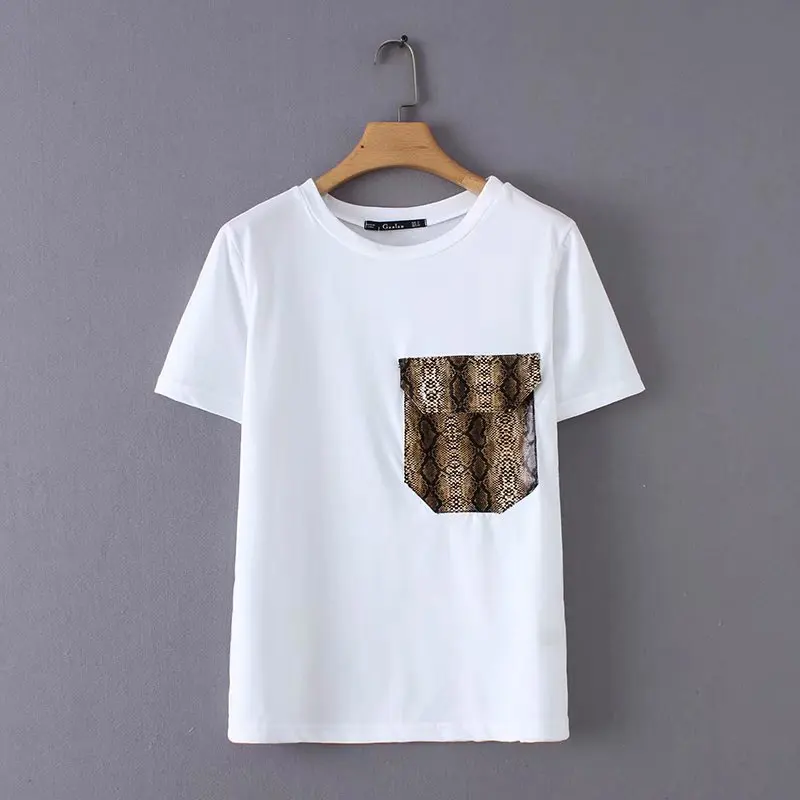 

Good quality o neck short sleeve snake print pocket design women white color fashion t shirt, N/a