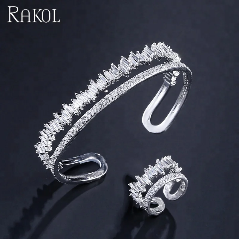 

RAKOL crystal jewelry set zircon hollow adjust open CZ bangle bracelet ring set S376, As picture
