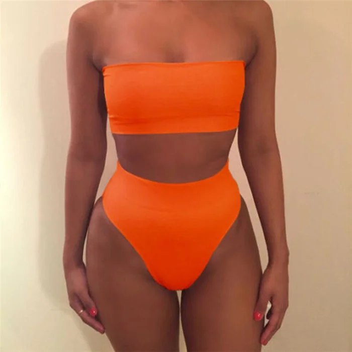 

Wholesale Fashion Orange Strapless Bra Ladies High Waist Swimwear Women Sexy Bikinis, Picture