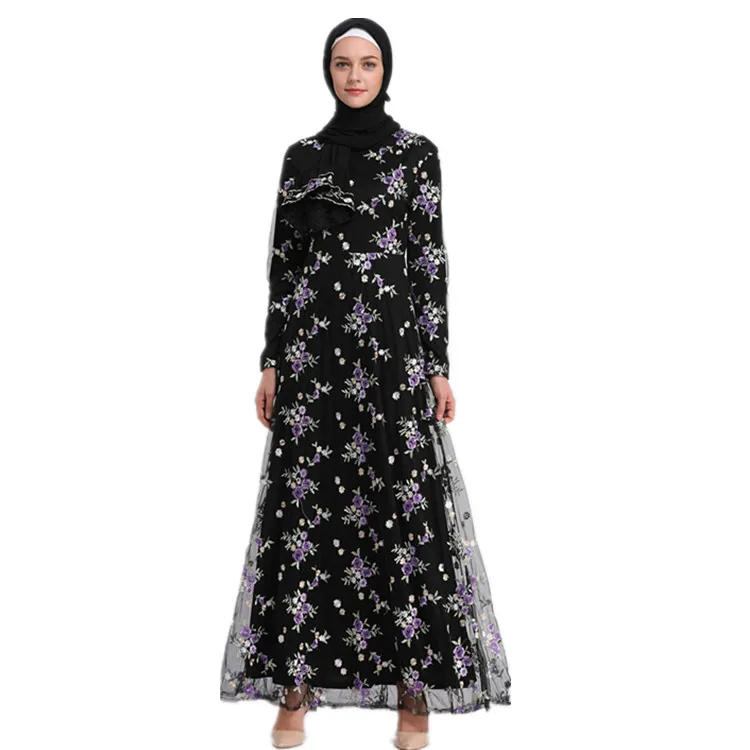 

Fashion purple flower embroidery mesh muslim long dress with lining, Black