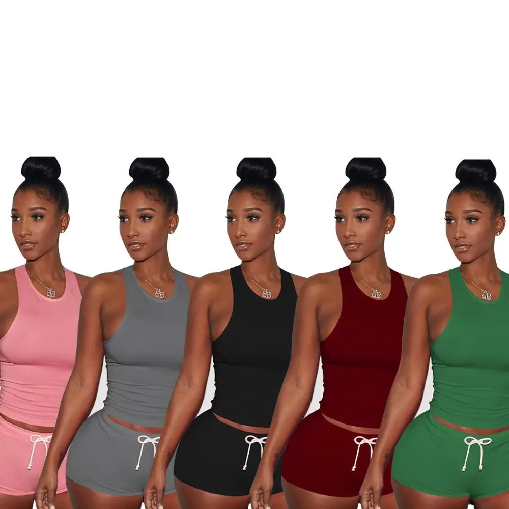 

Casual Solid Colour Tank Tops Crop Shorts Sport tracksuit Women's 2019 Fashion Streetwear jumpsuit Two Piece Set, Pink wine gray green wine