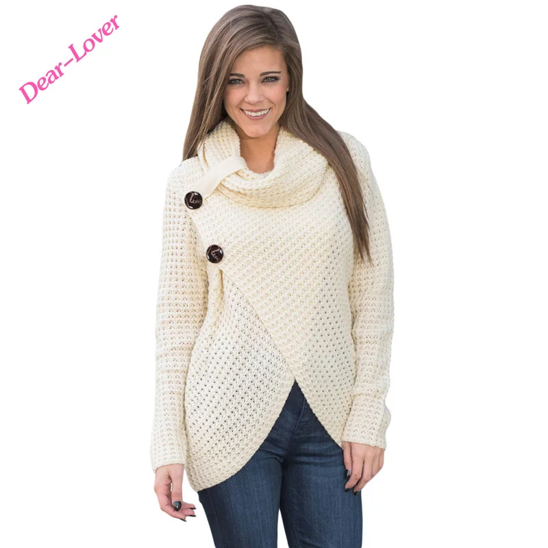 

White Winter Turtleneck Buttoned Wrap Cowl Neck Fashion Sweater Women, As shown