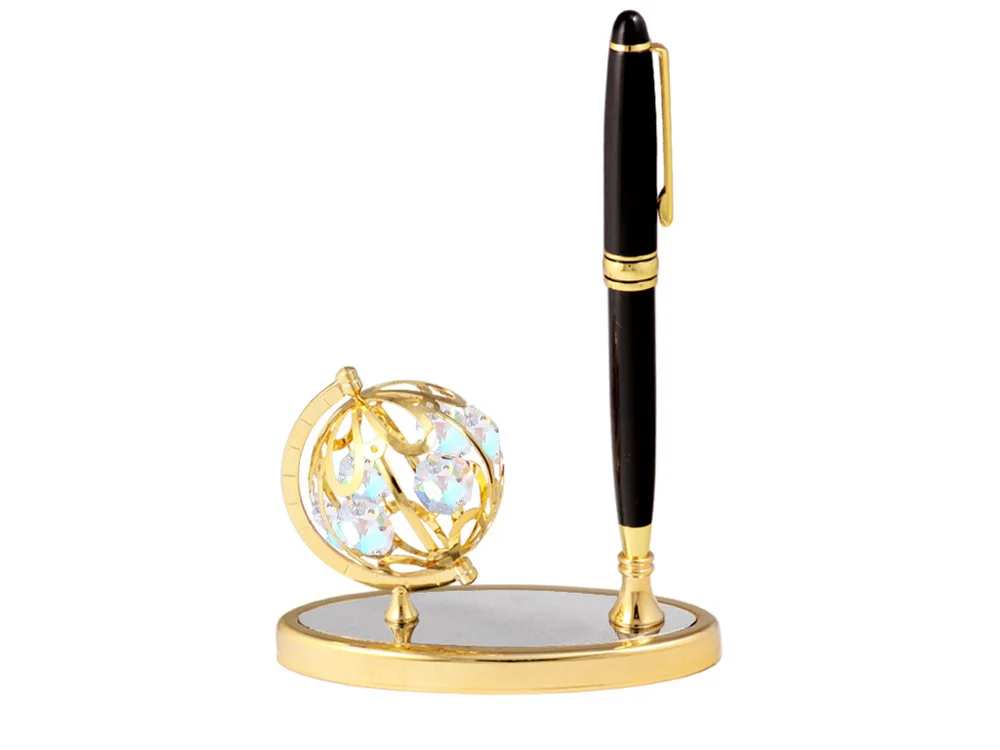 Crystocraft Gold Plated Crystals Globe Pen Holder Decorated With