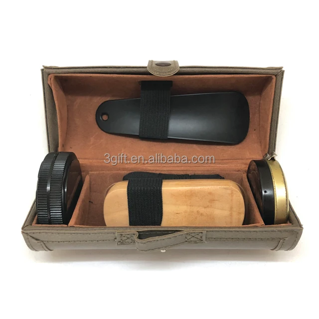 
Care Kit Shine Shoes Box Wood Customized Leather Storage Case Oem Instant Polisher Gift Shoe Shine Equipment 