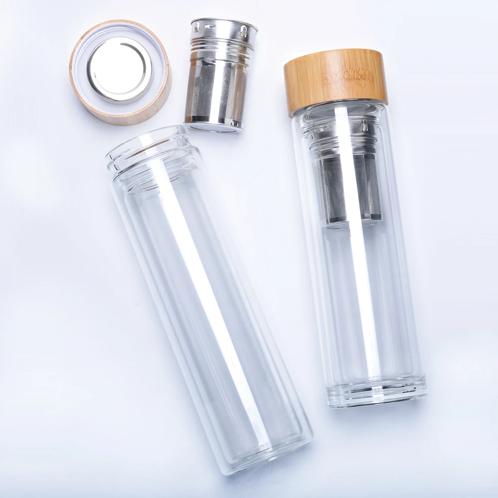 

Custom brand insulated glass drink tumbler water bottle and bamboo lid, Transparent