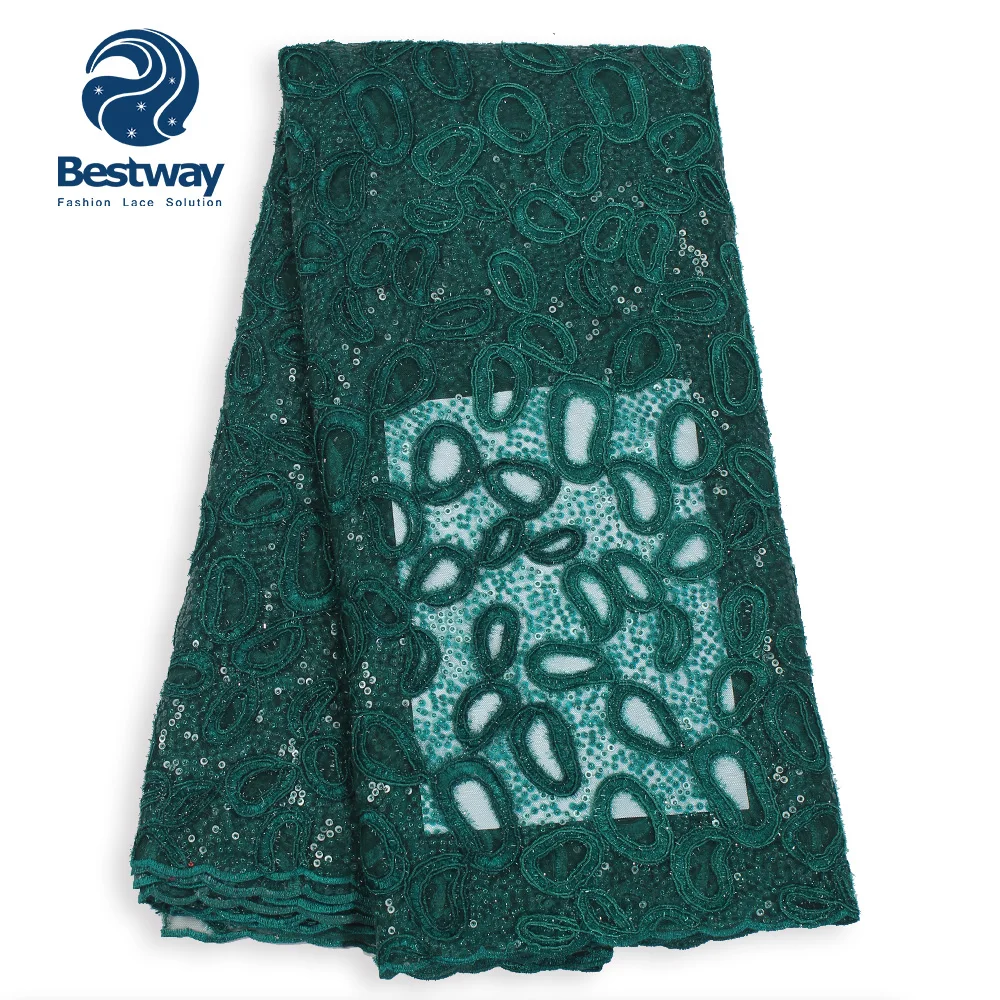 

Bestway 100% Polyester Embroidered Teal Color Sequin French Lace Fabric FL0503