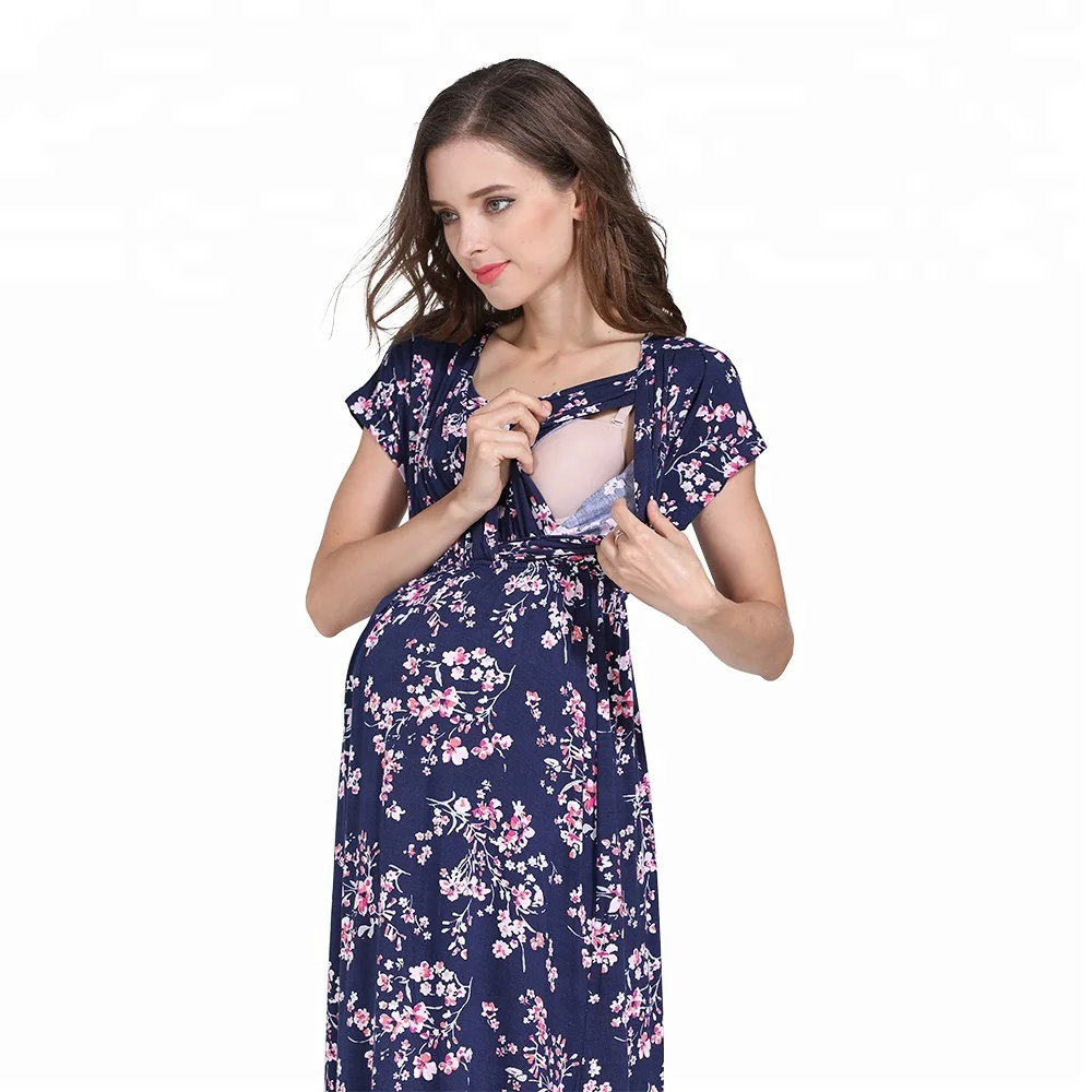 

Emotion Moms Soft Modal Fabric Summer Floral Maternity Clothes Big Size Dress for Pregnant Women Breastfeeding Dress, Dark red;dark blue
