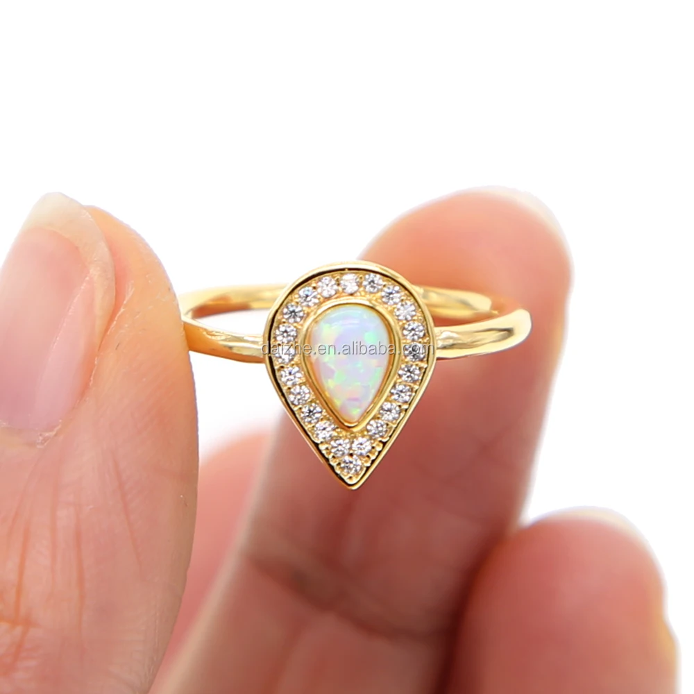 

fashion yellow gold tear drop shape opal ring with cz paved women finger rings with thin gold band rings for gift