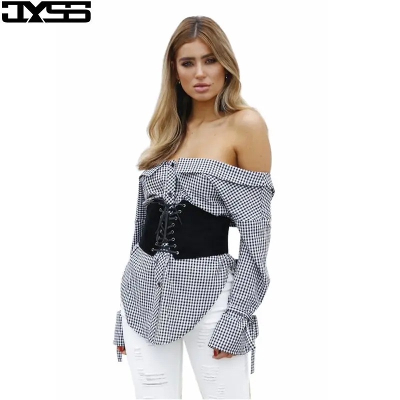 

Europe and the United States fall new grid no shoulder strap long sleeves fashion blouse 81137, Black and white lattice