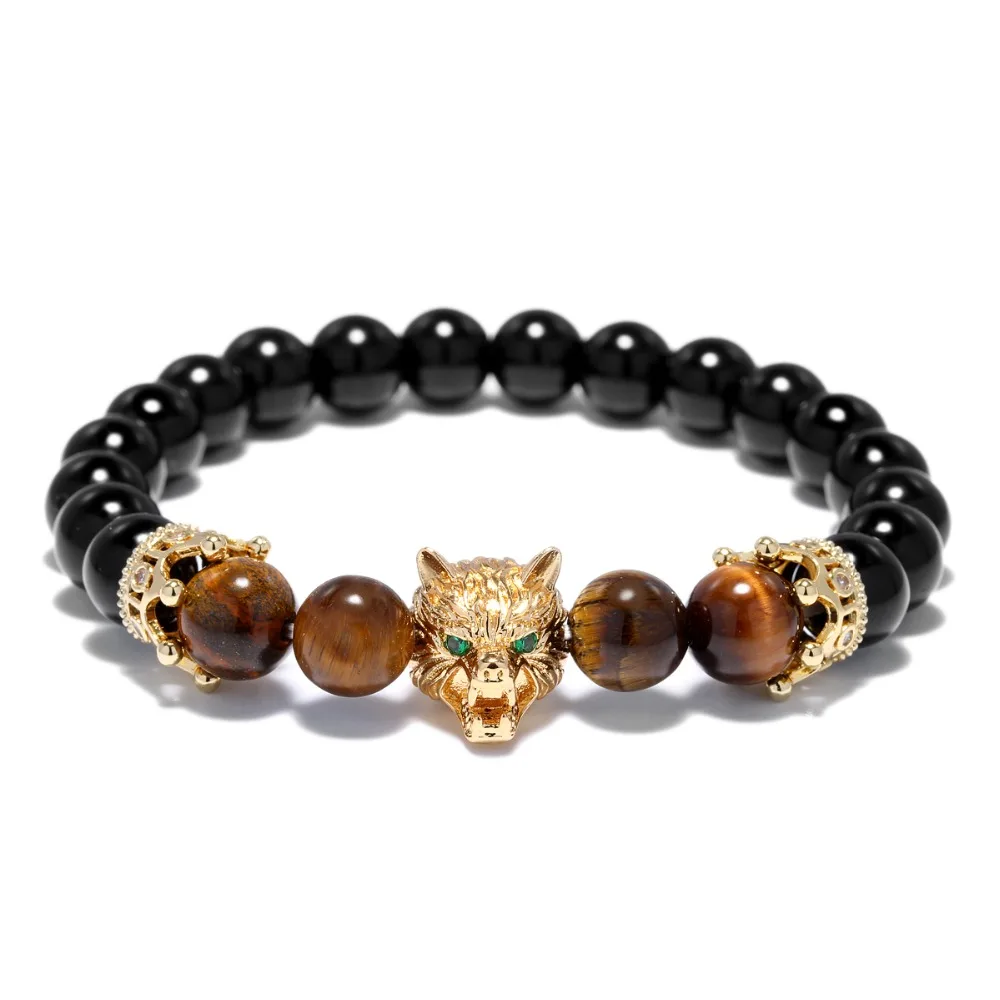 

Wholesale Custom Handmade 8mm Natural Tiger Eye Stone Wolf head agate stone beads Bracelet Men, Picture