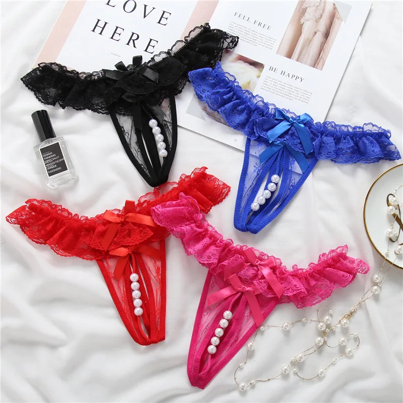 

Wholesale transparent lace thong low waist see through g-string fashion pearl panties for young girls, Black;white;pink;red;blue;rose pink