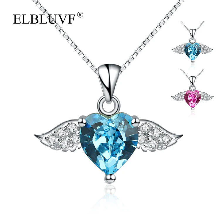 

ELBLUVF 925 Sterling Silver Womens Zircon Angel Wings Feather Love Heart Pendant For Gift, Blue / pink
