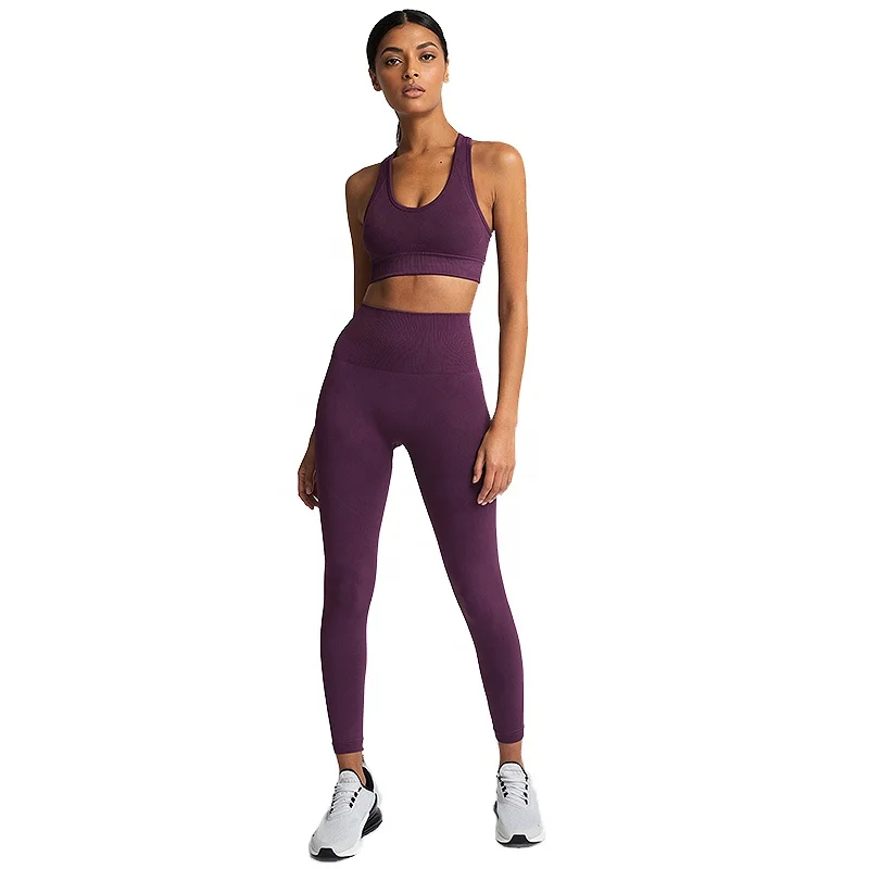 

Ptsports wholesale high quantity women fitness yoga seamless wear high tight yoga set for women, Green;wine red;grey;purple;pink;brown