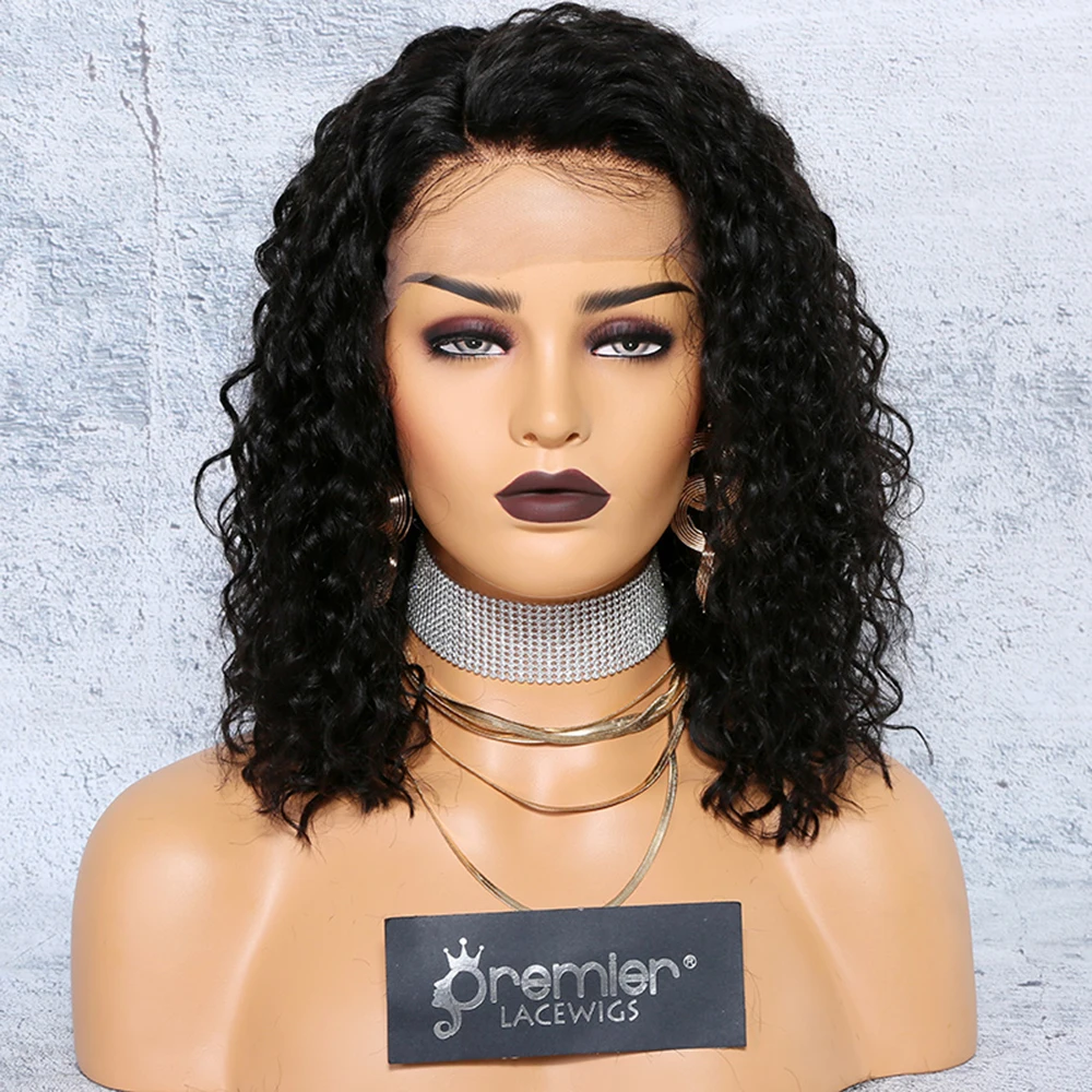 

Deep Curly Bob Lace Front Wig Brazilian Remy Hair Natural Color 12inches 150% Thick Density Pre-plucked Hairline, Natural color/brown