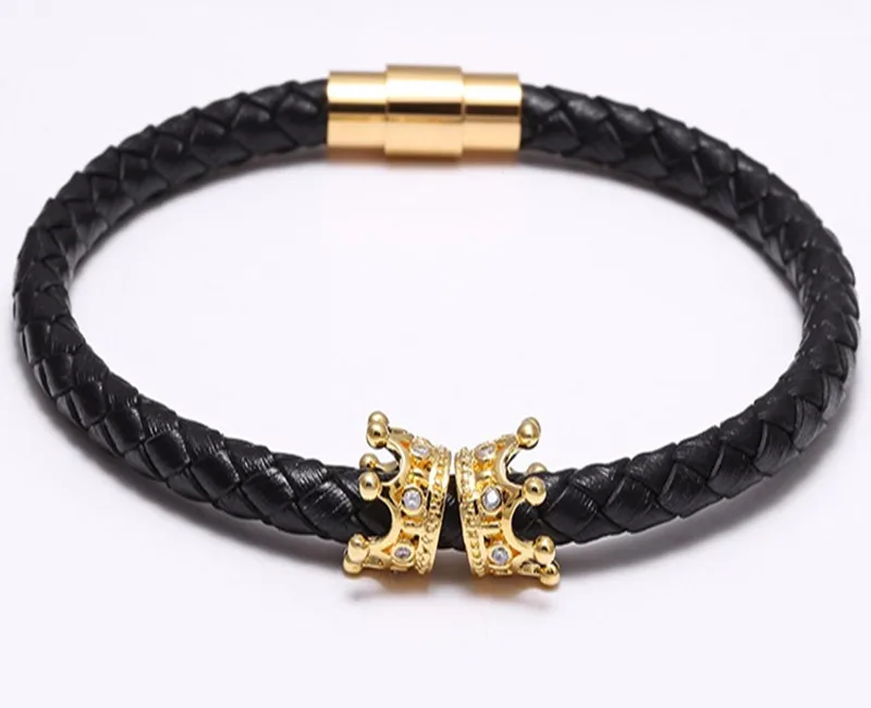 

JMY New Stainless Steel Magnetic clasp Fashion Charm Handmade Leather Men Bracelet, Gold;silver