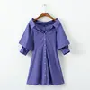 Wholesale solid color button lanterns sleeves high waist A line dress