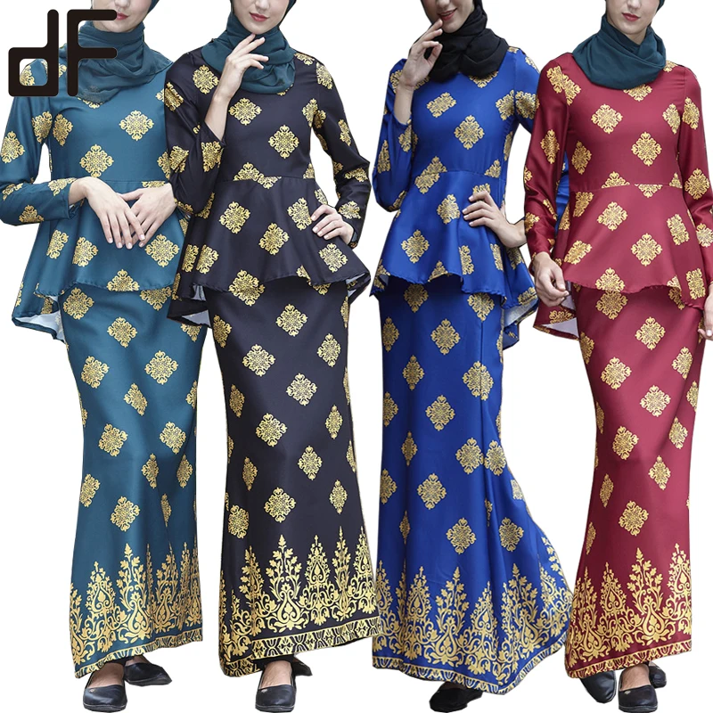 

hot selling ethnic woman clothing long muslim fashion dress suit crepe kebaya printed muslim baju kurung modern malaysia, Black,blue,jade,burgundy