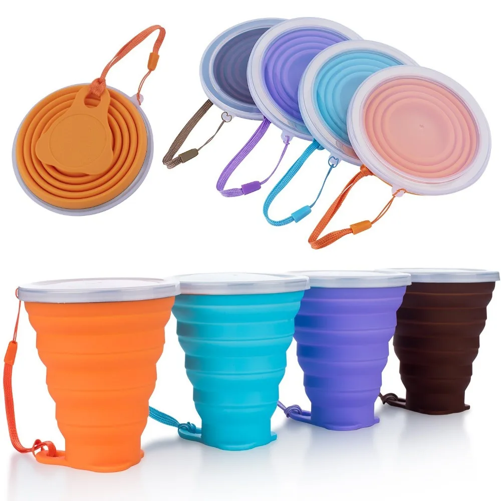 

Silicone collapsible travel cup,folding camping cup with lids measuring drinking foldable coffee mug 270ml capacity, Any pantone color