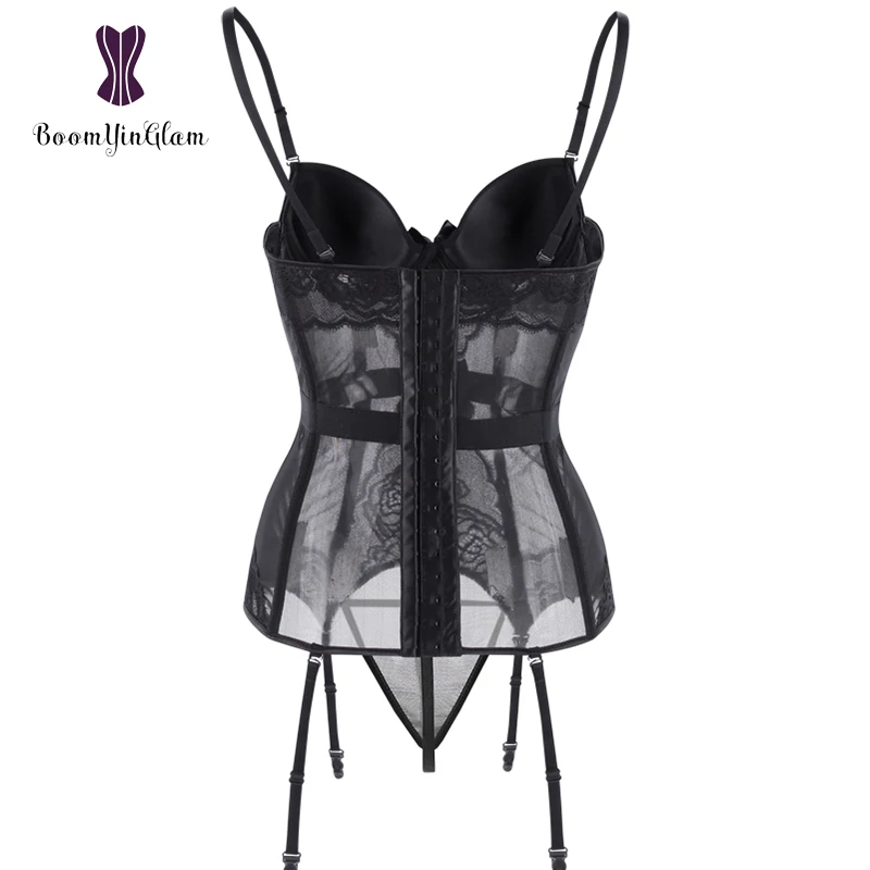 

Sexy Lingerie Bustier Ladies Overbust Corset With Garters Set Lace Overlay Shoulder Straps Corset Bra Cup Padded Basque, Black;blue;purple