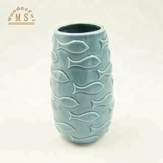 Elegent Glazed Pacific Ocean Fish Design Thin  flower vase blue bud vase 3D relief design small vase ceramic material  ceramic