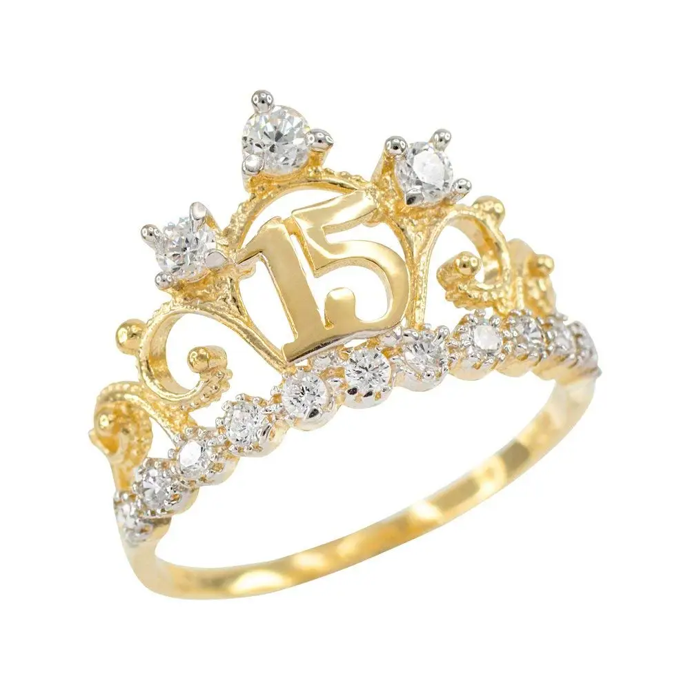 10k White Gold Sweet 15 Anos Band Imperial Queen Quinceanera Crown Ring