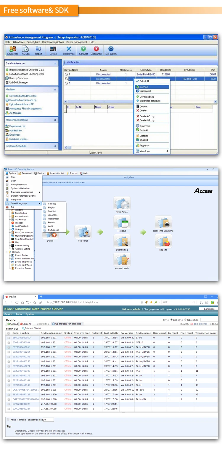 Free software and SDK, Touch Screen Facial Recognition and Biometric time attendance system