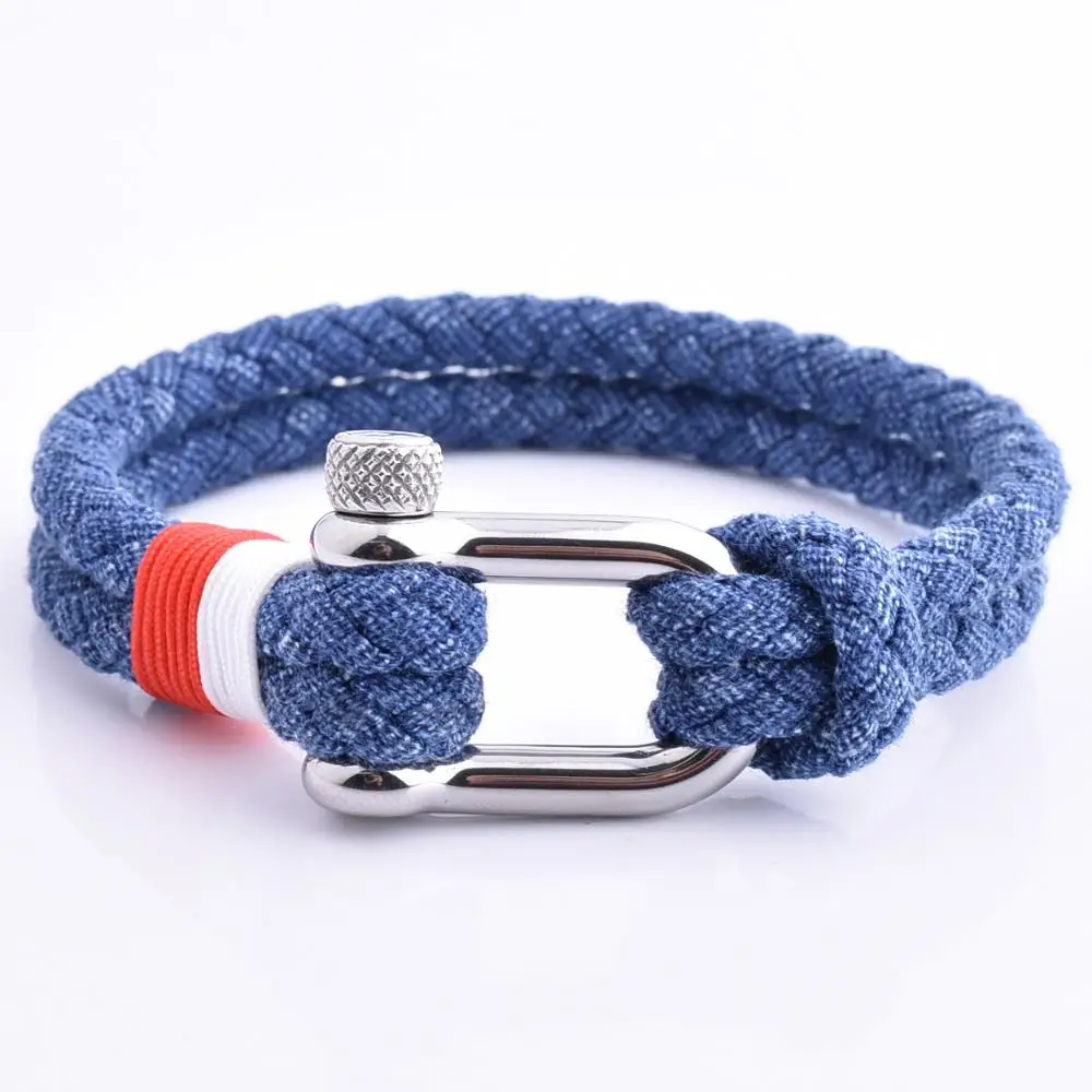 

2020 Trends Blue Denim Fabric Mens Silver Big Shackle Bracelets Jewelry
