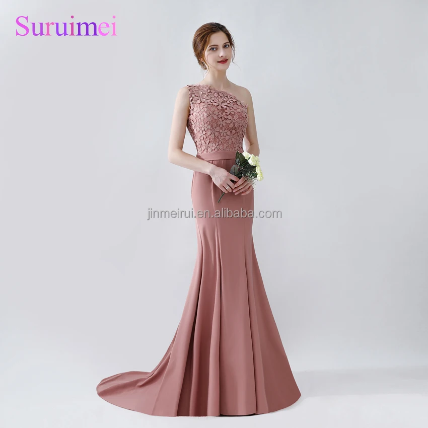 

2018 New Sexy One shoulder Mermaid Evening Dresses Vestido Longo Light Pink Lace Evening Prom Dress Alibaba China wholesaler, Customer to choose