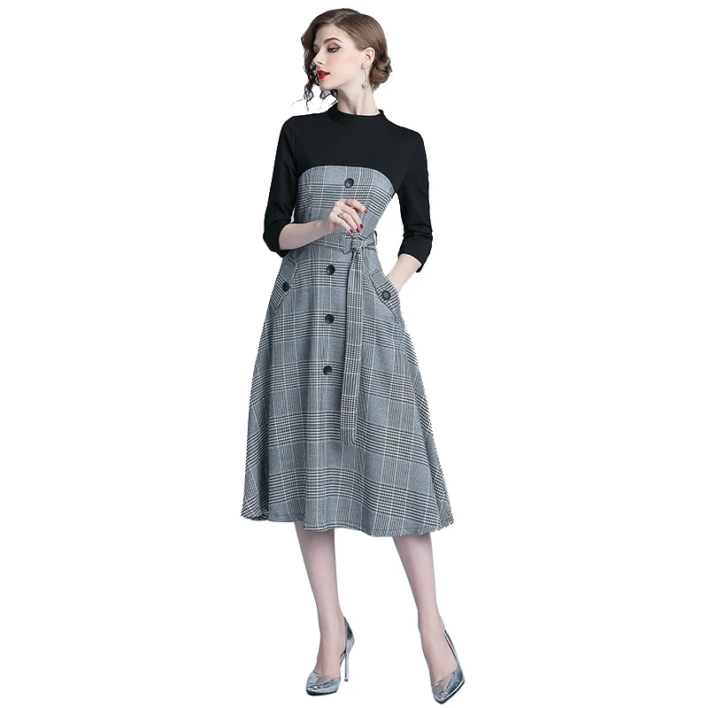 

Woman Fashion Spring Autumn New Elegant Long Sleeve Patchwork Midi Plaid dress
