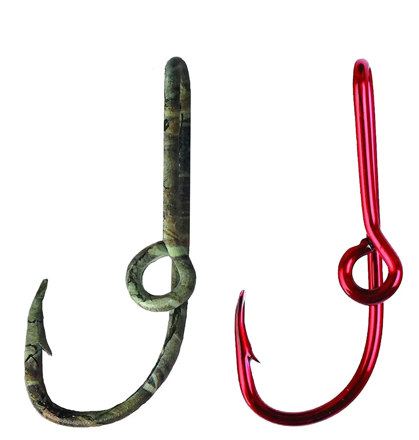 Two Eagle Claw Camo and Red Hat Fish hook Pin for Hat Camo Fish Hook Cap Clip - Set of Two Hooks one Camo and one Red