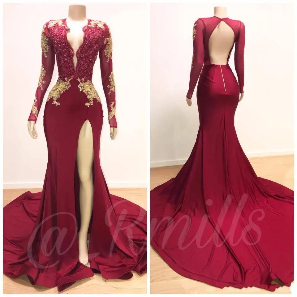 

ZH3958G Gold Appliques Dark Red Mermaid Prom Dresses 2019 New Sexy Deep V Neck Open Back Split Evening Gowns Long Sleeves Robes, Custom made