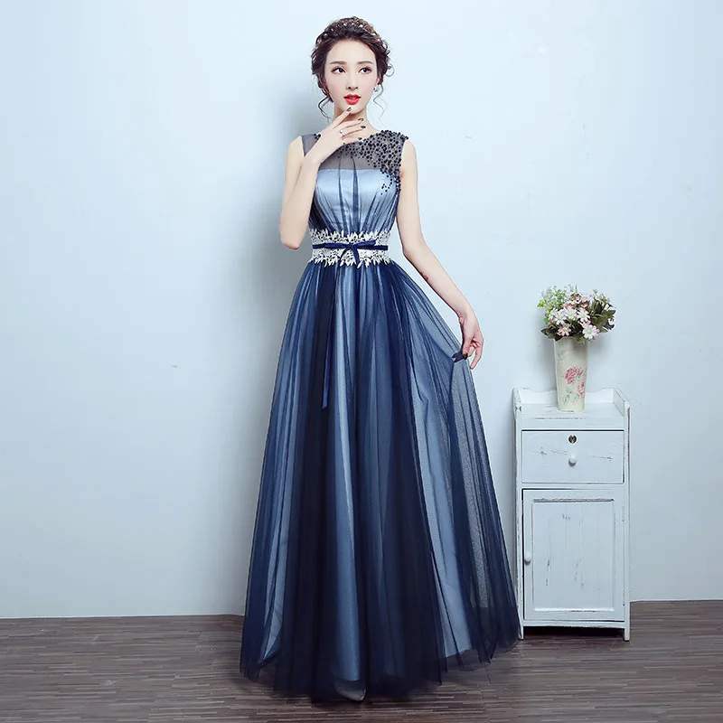 

Gorgeous Navy Blue Long Evening Party Dresses Appliques Wedding Bridesmaid Dresses