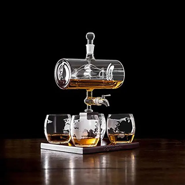 
Creative Decanter with Antique Ship and 4 World Map Glasses 