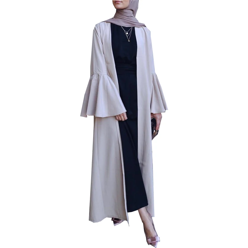 

Elegant muslim women daily wearing fashion big sleeves cardigan kimono abaya dress, Beige;black