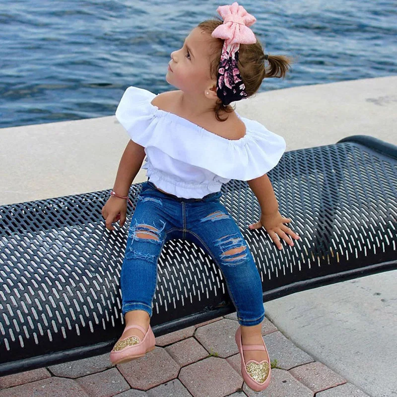 

2019 Latest Design Girs Simple White Shirt Off Shoulder Ripped Jeans Children Popular Clothes Set, As shows