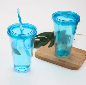 Image of Wholesale Double Wall Plastic Travel Cup Custom Logo Printed Reusable Drinking Water Cup Gift With Straw and Lid