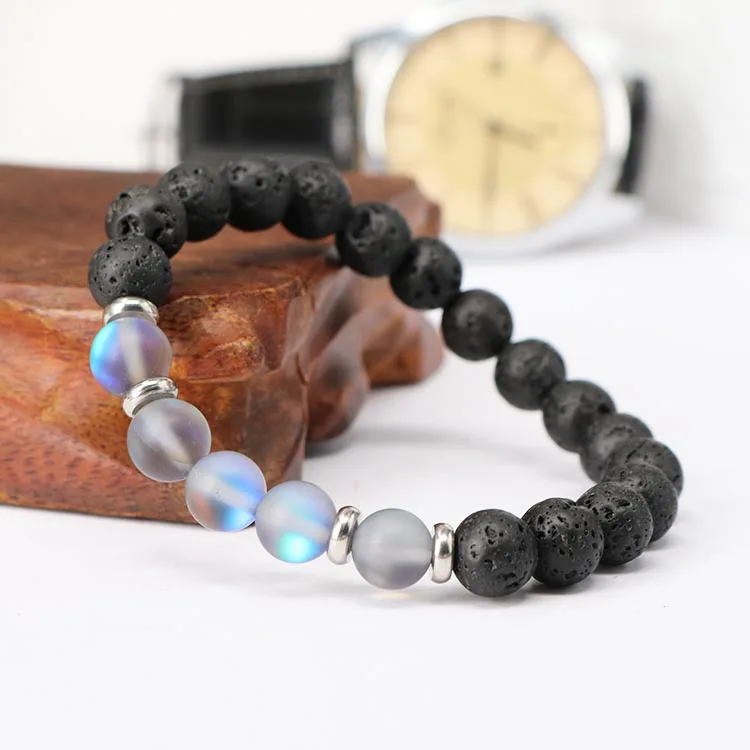 

BN1312 Wonderful Flash Moonstone Black Lava Beaded Bracelets,Unisex Spiritual Gift Zen Bracelets, Green