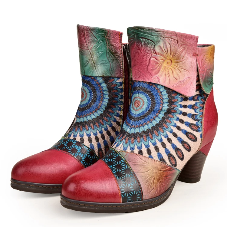 

Women Totem Ankle Boot Genuine Leather Handmade High Heels Women Floral Winter Shoes, Red