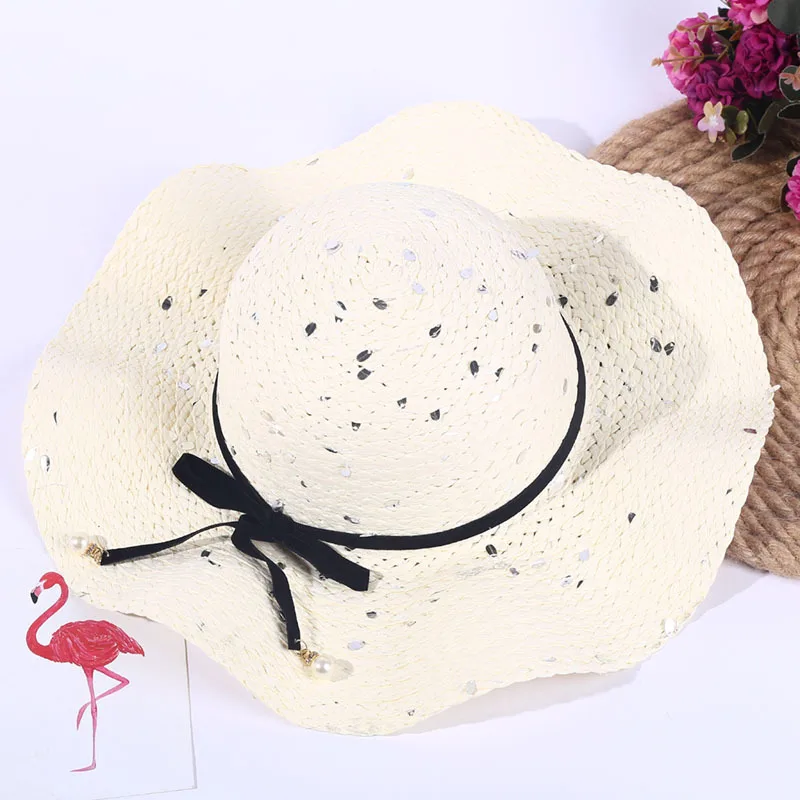 
Sun Straw Boater Hat Paillette Design Paper Sweet Style Summer Beach for Women Ribbon & Rope Adults Female IMAGE Plain 