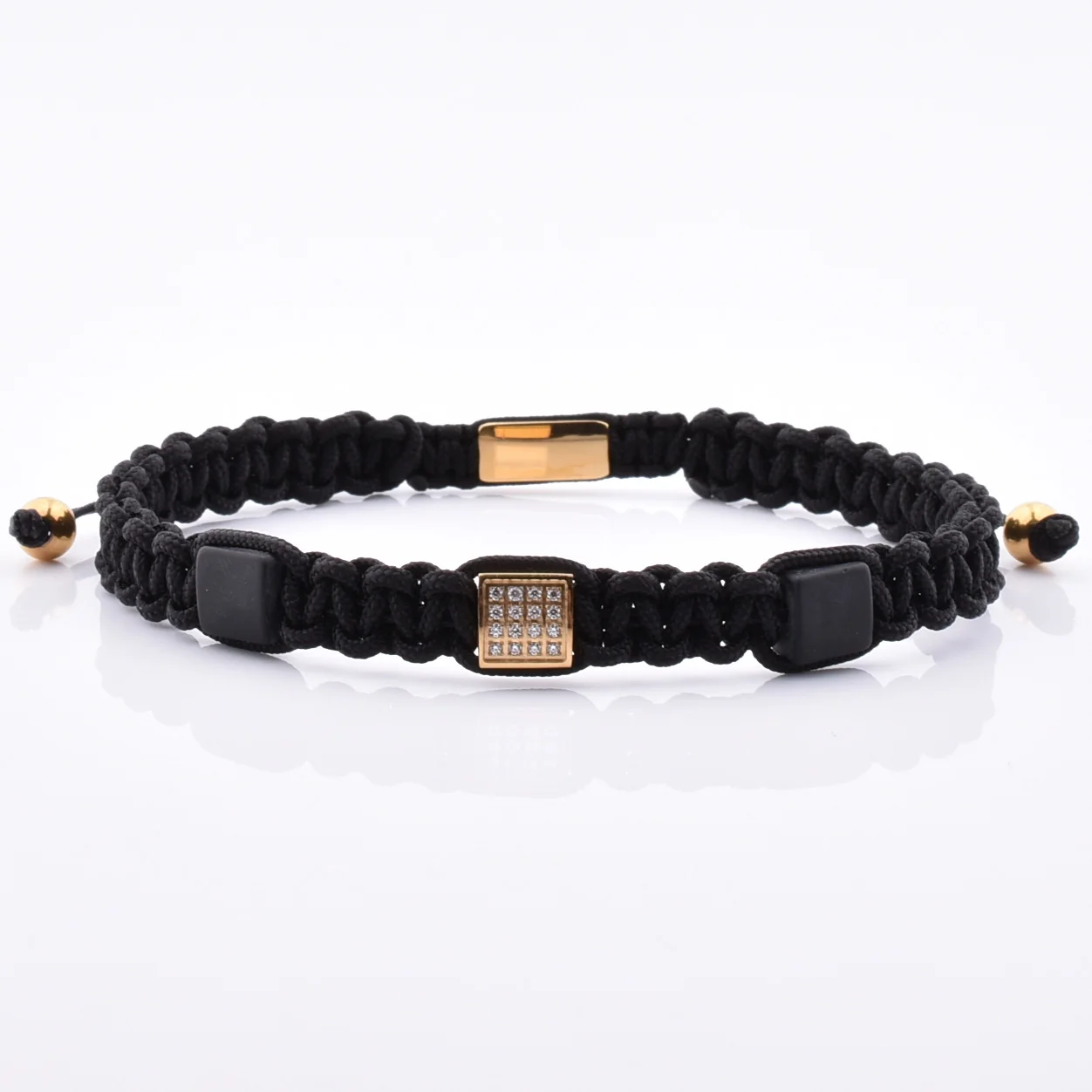 

2021 New Arrivals Diamond Inset Square Charm Natural Stone Men Macrame Bracelet