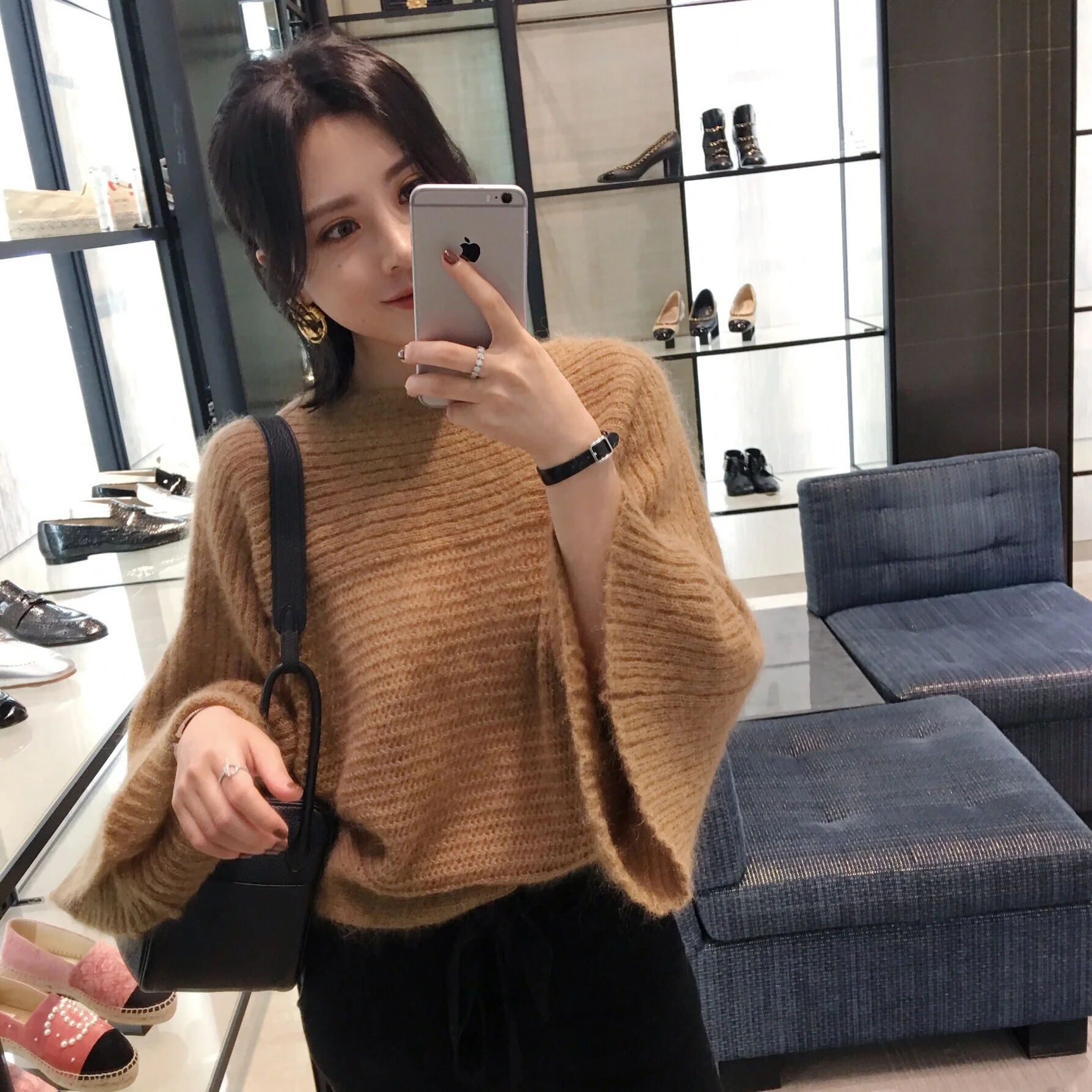 

ASM ANNA mohair blended woolen one-word collared knitted blouse loose pullover bat sweater, Ginger apricot